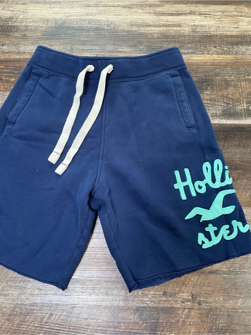 Hollister Navy Drawstring Fleece Shorts with Mint Logo